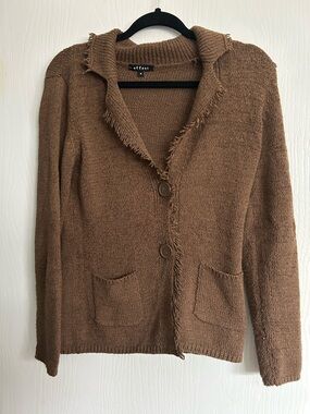 Effeei Brown Fringed-Collar Button Cardigan
